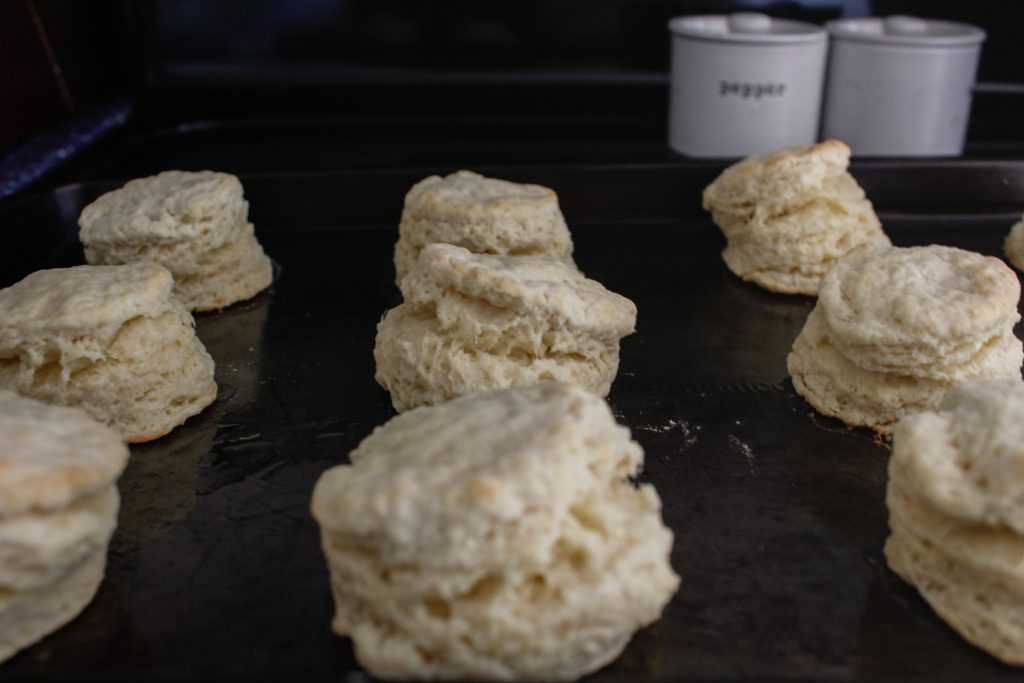 Freshly-baked scones sit on a baking sheet.